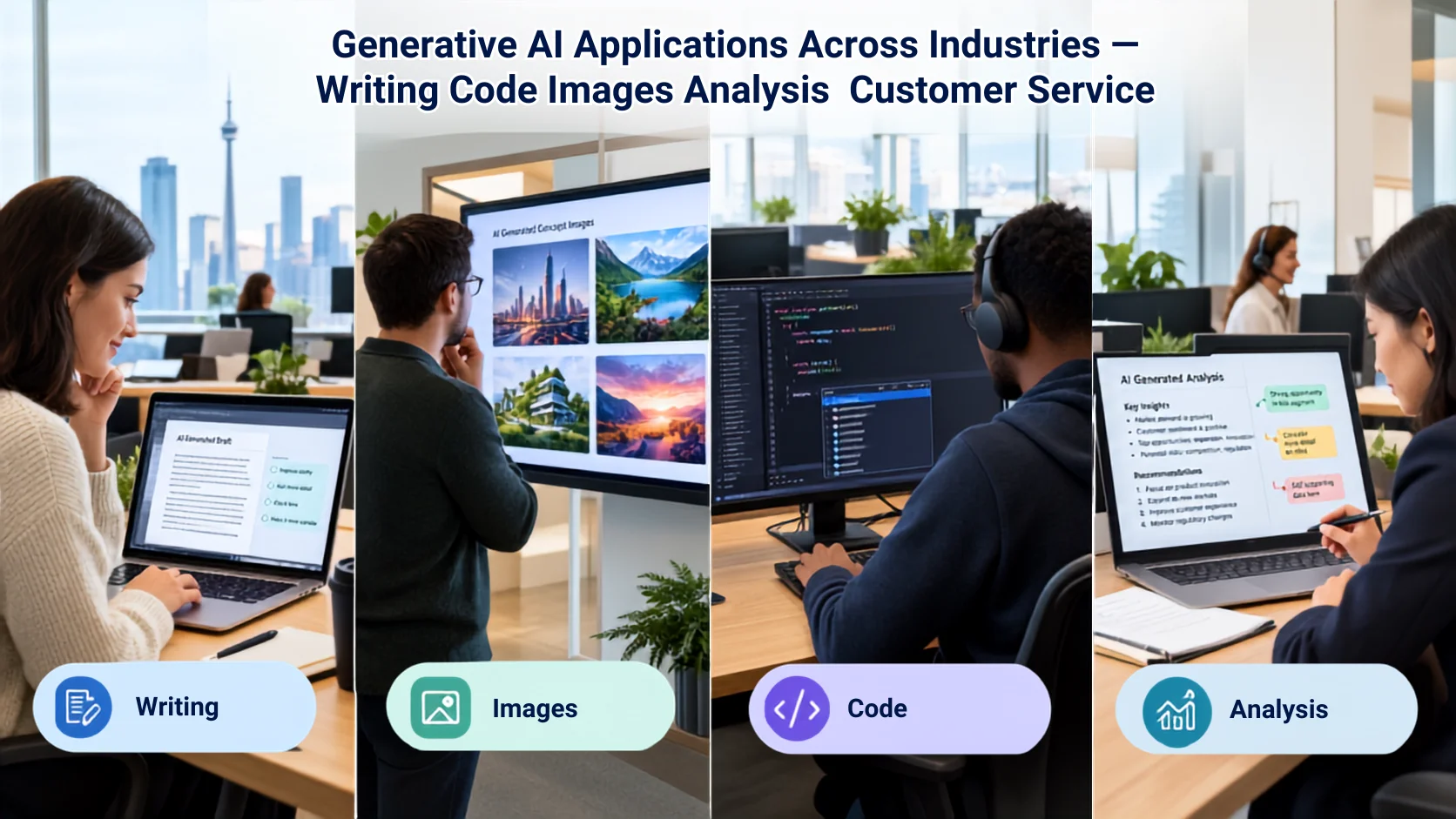 A diverse group of Canadian professionals using generative AI tools across different industries and applications