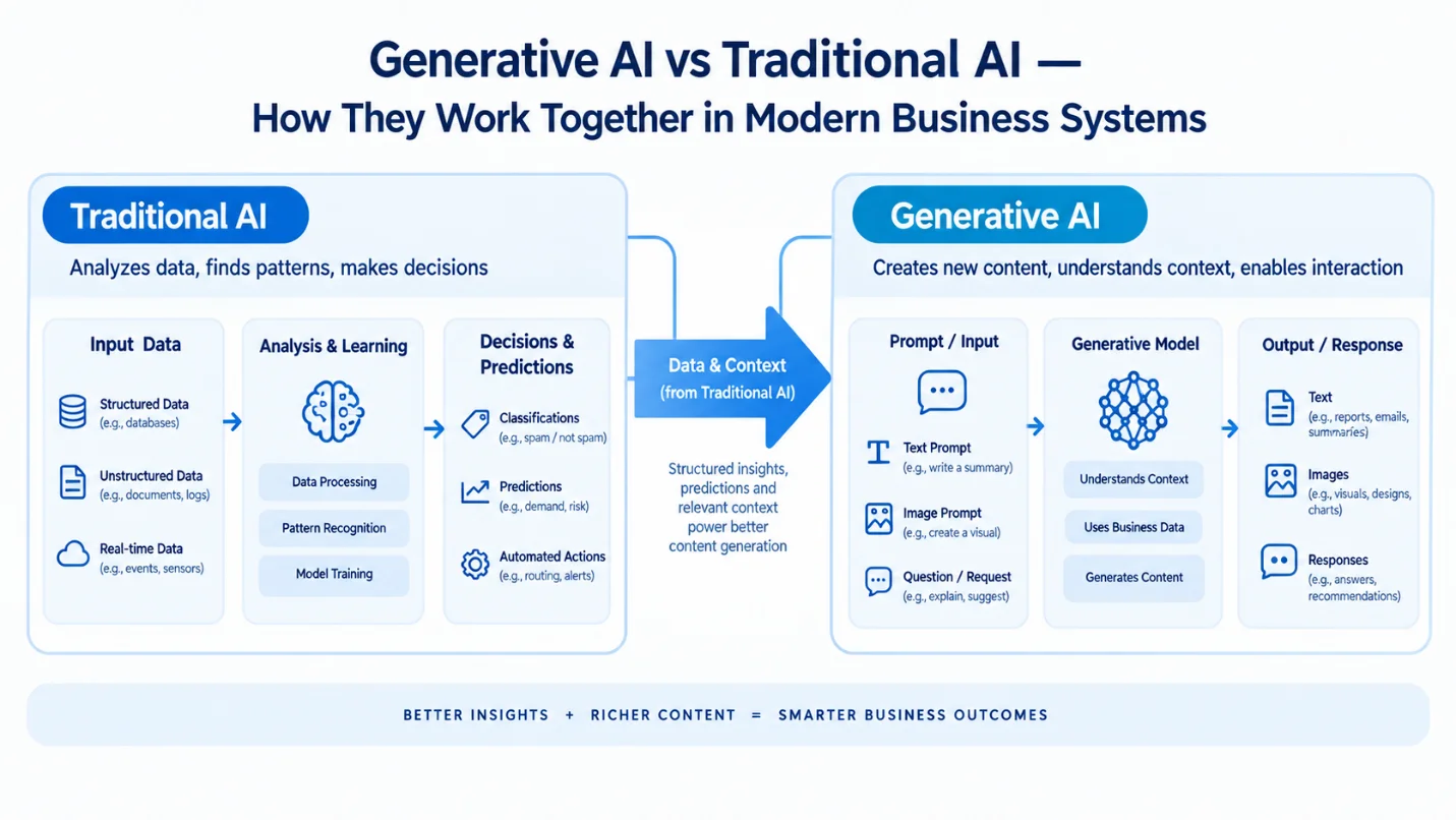 A diagram showing traditional AI and generative AI working together in a complementary business workflow