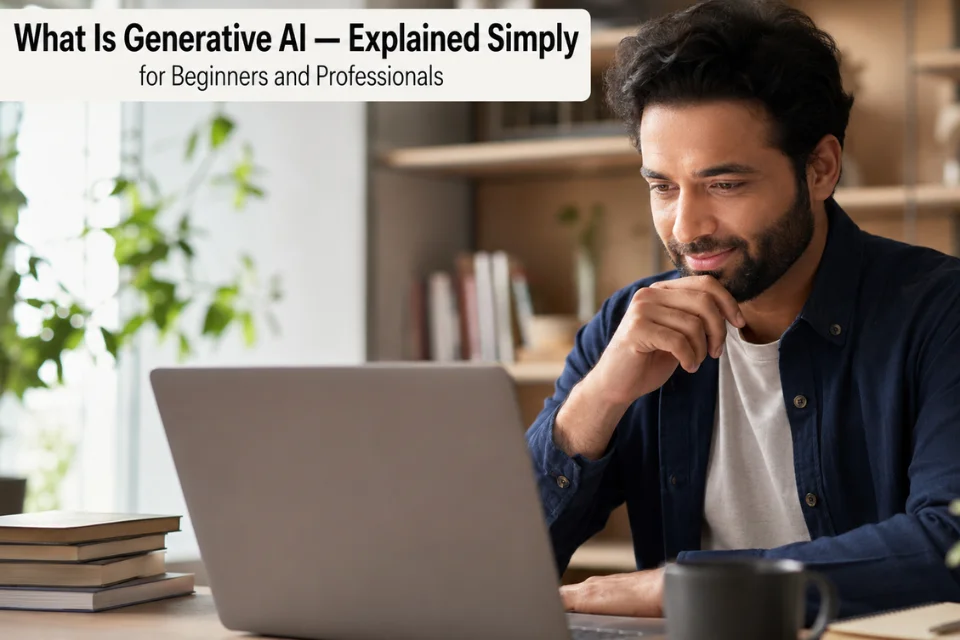 A professional exploring generative AI tools on a laptop with AI-generated content visible on screen in a modern office